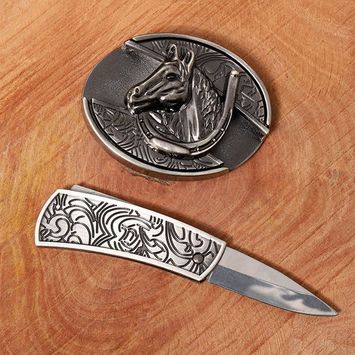 Cintura in pelle con coltello pieghevole nascosto a forma di testa di cavallo fai da te da uomo - image 1