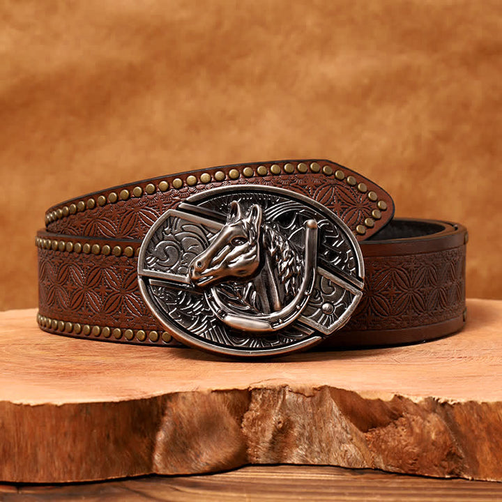 Cintura in pelle con coltello pieghevole nascosto a forma di testa di cavallo fai da te da uomo - Testa di cavallo - Cintura con rivetti marroni - 42 - image 9