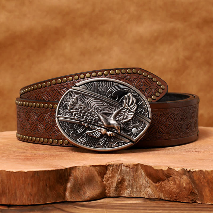 Cintura in pelle con coltello pieghevole nascosto Soaring Eagle fai da te da uomo - Aquila in volo - Cintura con rivetti marroni - 42 - image 9