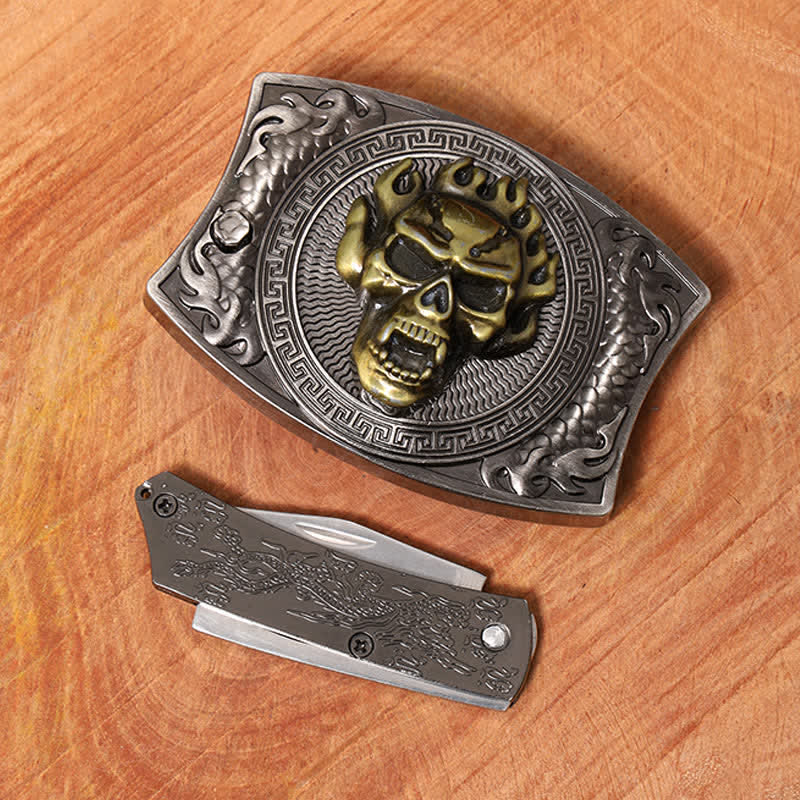 Cintura in pelle con coltello pieghevole nascosto a forma di teschio di fiamma fai da te da uomo - image 4