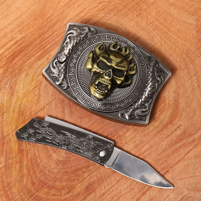 Cintura in pelle con coltello pieghevole nascosto a forma di teschio di fiamma fai da te da uomo - image 1