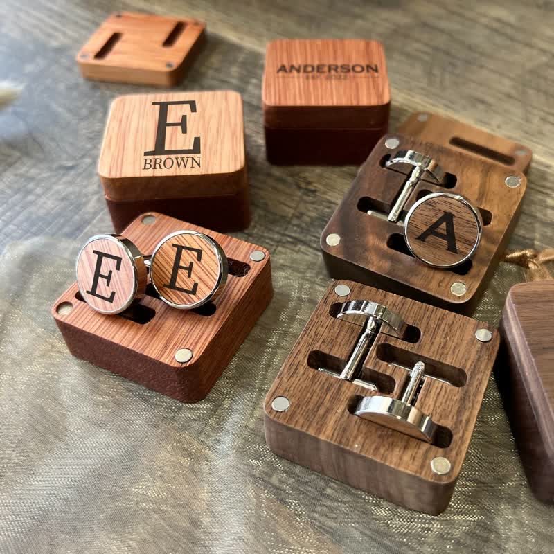 1 paio di gemelli in legno classici con nome personalizzato con scatola - image 5