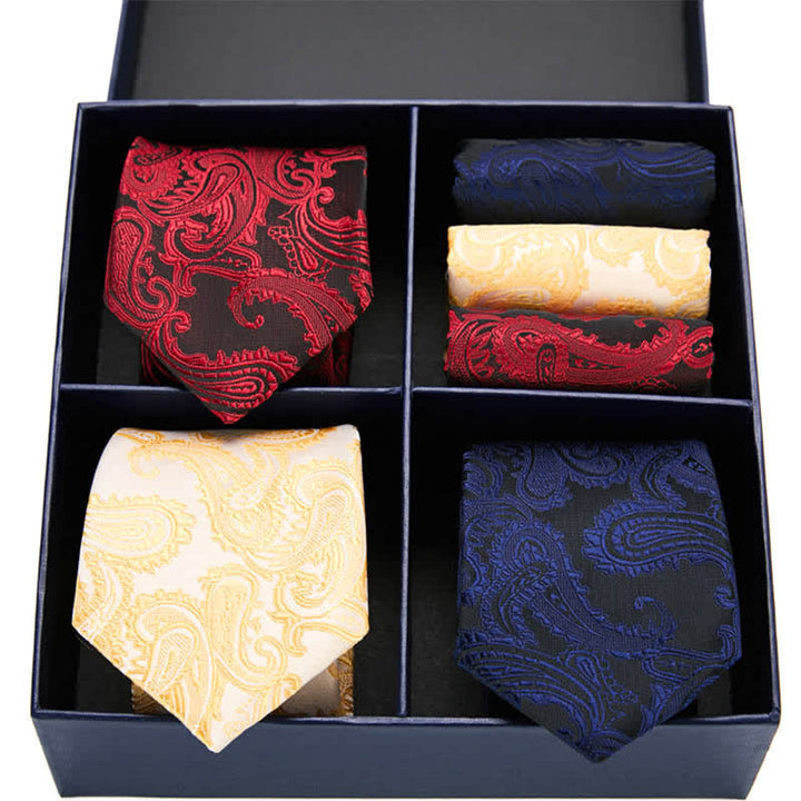 Set di 6 cravatte e fazzoletti da taschino con motivo Paisley da uomo, in scatola regalo a quattro griglie - Rosso, giallo e blu navy - image 2