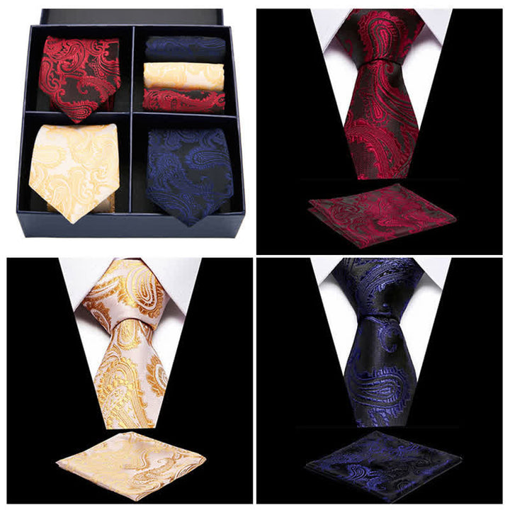Set di 6 cravatte e fazzoletti da taschino con motivo Paisley da uomo, in scatola regalo a quattro griglie - image 3
