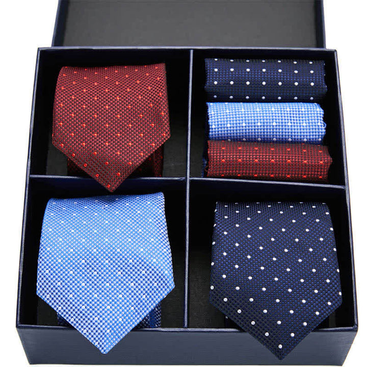 Set di 6 cravatte e fazzoletti da taschino da uomo bordeaux e blu a pois, in scatola regalo - Borgogna, blu e blu navy - image 0