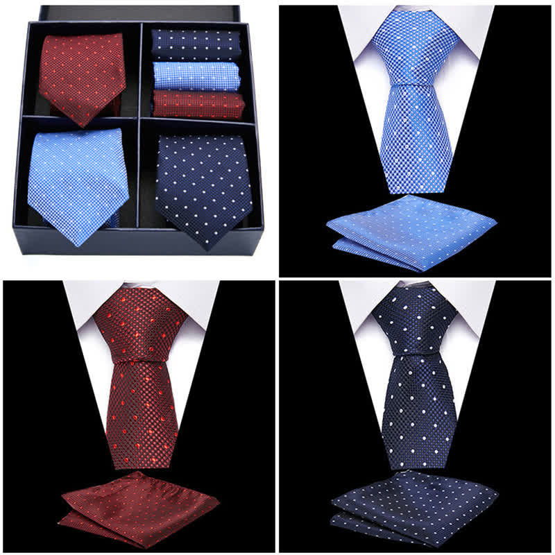 Set di 6 cravatte e fazzoletti da taschino da uomo bordeaux e blu a pois, in scatola regalo - image 1