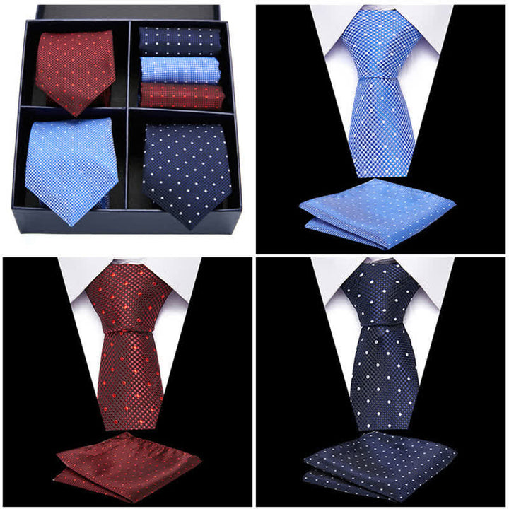 Set di 6 cravatte e fazzoletti da taschino da uomo bordeaux e blu a pois, in scatola regalo - image 1