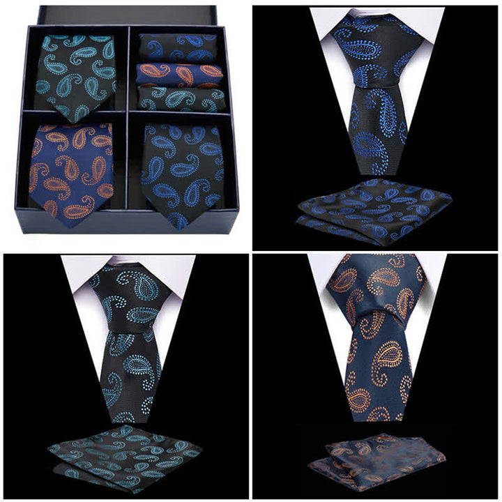 Set di 6 cravatte e fazzoletti da taschino con motivi Paisley verdi e blu navy da uomo, in scatola regalo - image 1