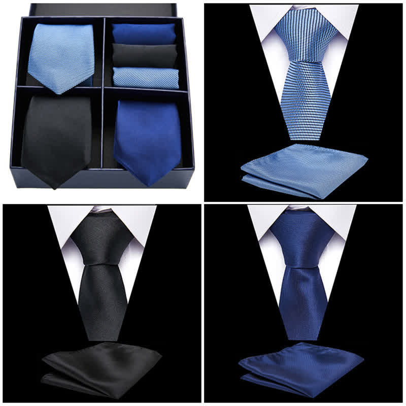 Set di 6 cravatte e fazzoletti da taschino da uomo blu e nero in confezione regalo - image 1