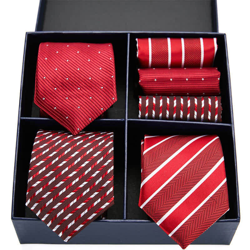 Set di 6 cravatte e fazzoletti da taschino a righe e pois rossi da uomo, in scatola regalo - Rosso - image 0