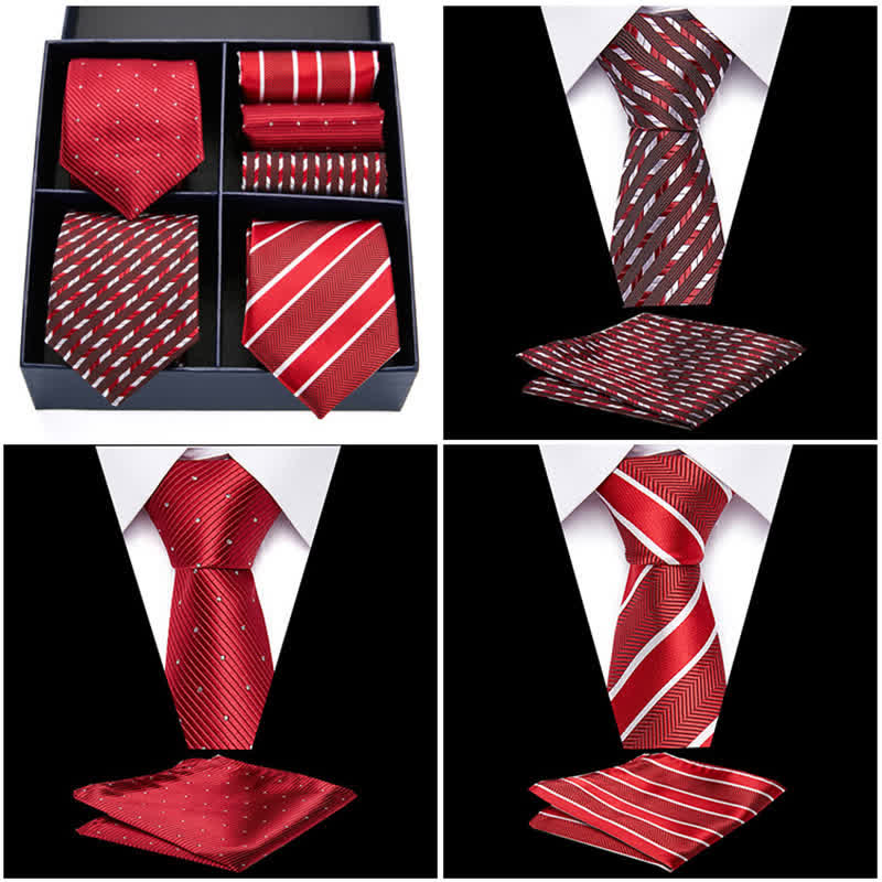 Set di 6 cravatte e fazzoletti da taschino a righe e pois rossi da uomo, in scatola regalo - image 1