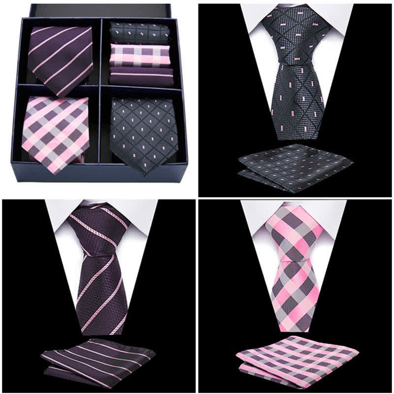 Set di 6 cravatte e fazzoletti da taschino a righe rosa e nere da uomo, in scatola regalo - image 3