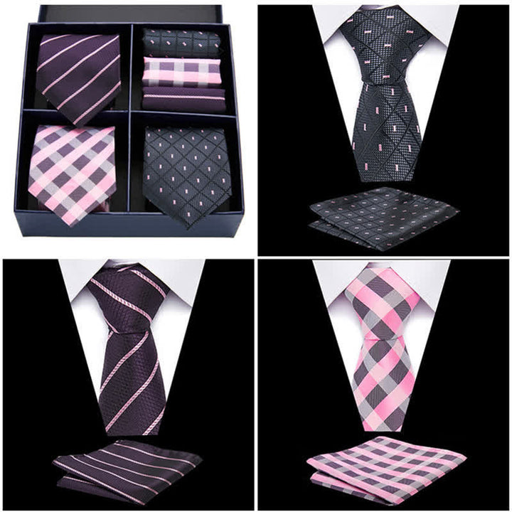 Set di 6 cravatte e fazzoletti da taschino a righe rosa e nere da uomo, in scatola regalo - image 3