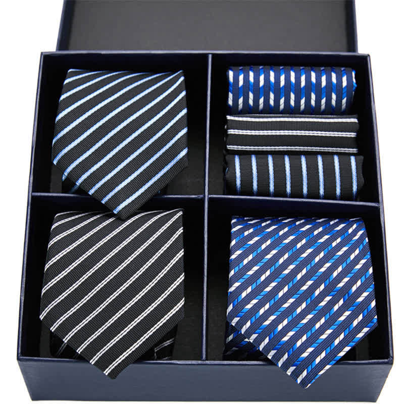 Set di 6 cravatte e fazzoletti da taschino a righe blu e nere da uomo, in scatola regalo - Blu e nero - image 0