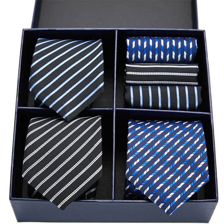 Set di 6 cravatte e fazzoletti da taschino a righe blu e nere da uomo, in scatola regalo - Blu e nero - image 0
