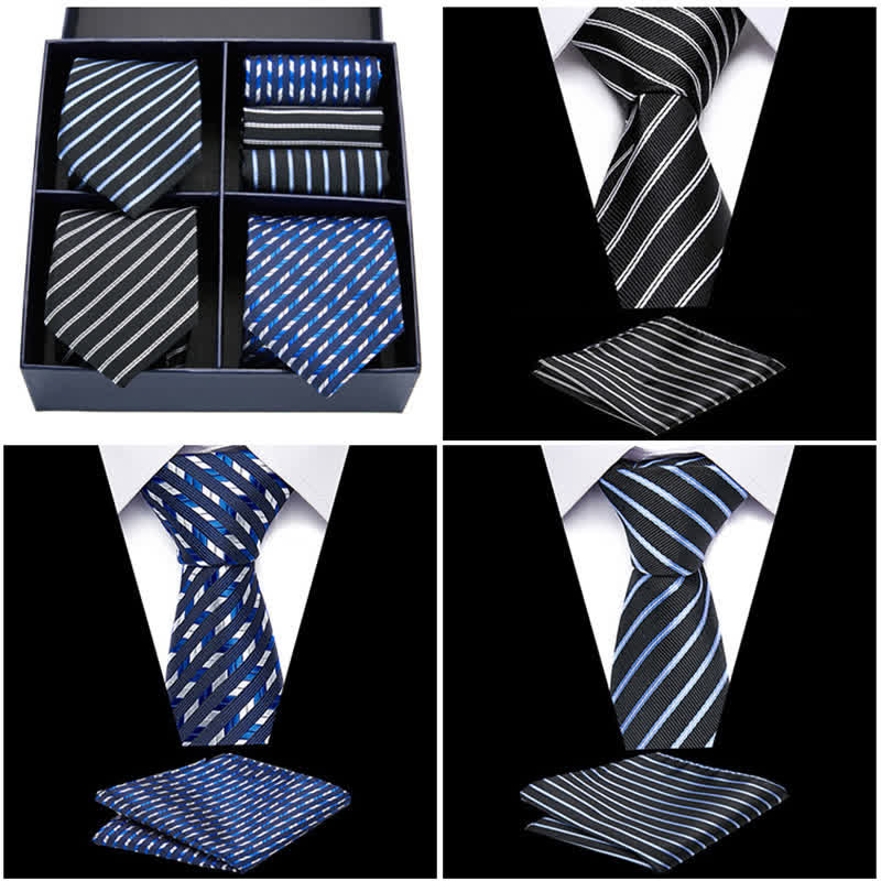 Set di 6 cravatte e fazzoletti da taschino a righe blu e nere da uomo, in scatola regalo - image 1