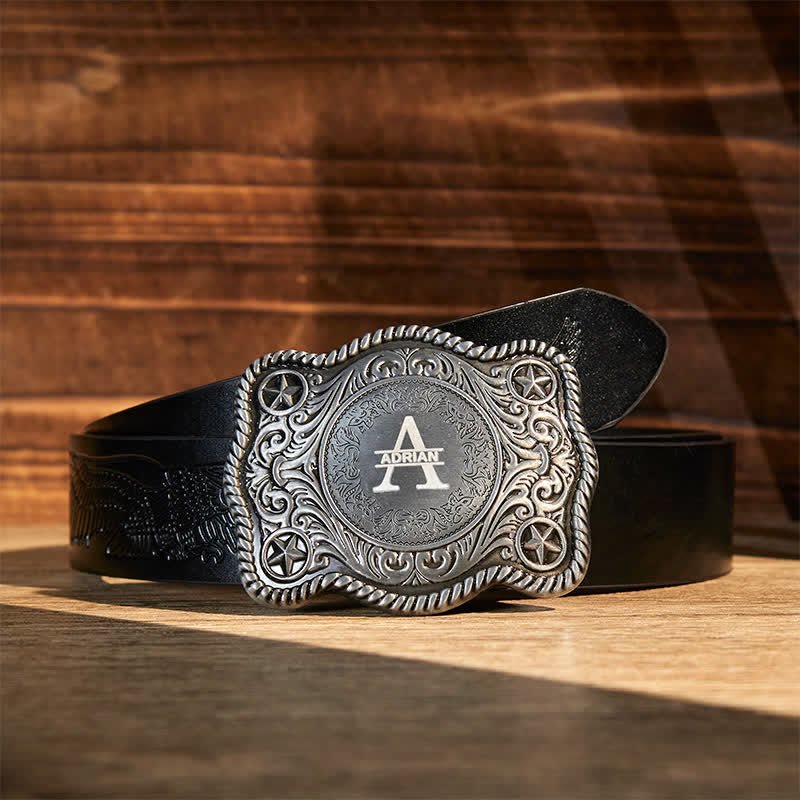 Cintura in pelle con fibbia western intagliata fai da te con monogramma personalizzato - Argento - Cintura con aquila in rilievo nera - 42 - image 15
