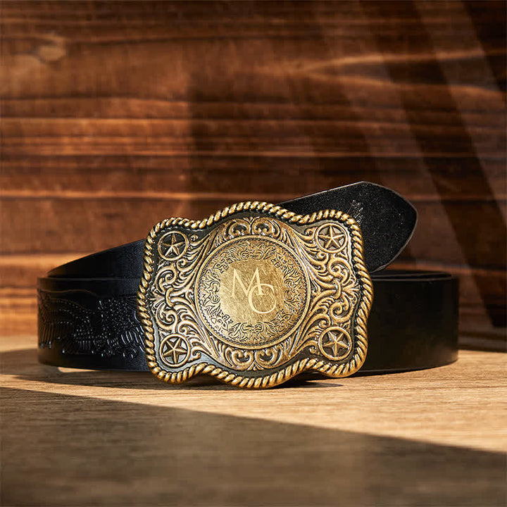 Cintura in pelle con fibbia western intagliata fai da te con monogramma personalizzato - Bronzo - Cintura con aquila in rilievo nera - 42 - image 5
