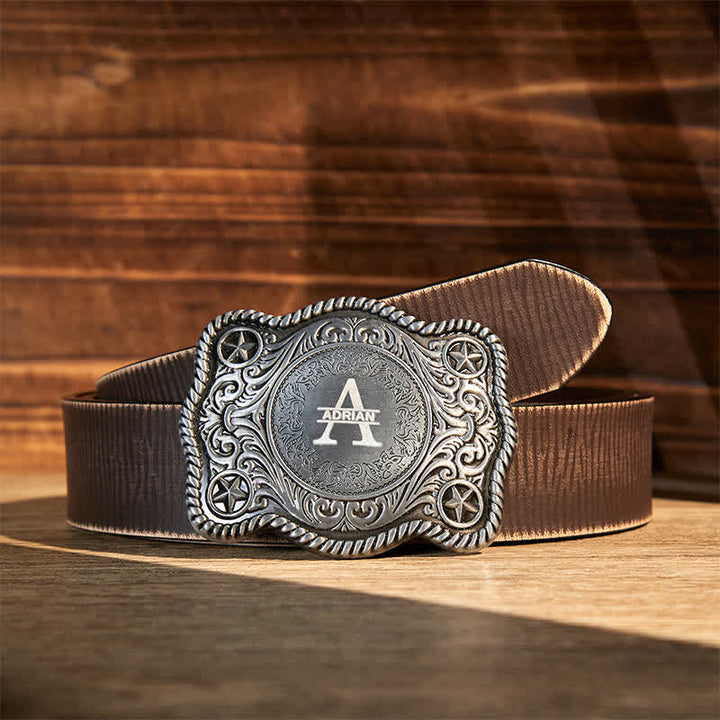 Cintura in pelle con fibbia western intagliata fai da te con monogramma personalizzato - Argento - Cintura marrone anticata - 42 - image 18