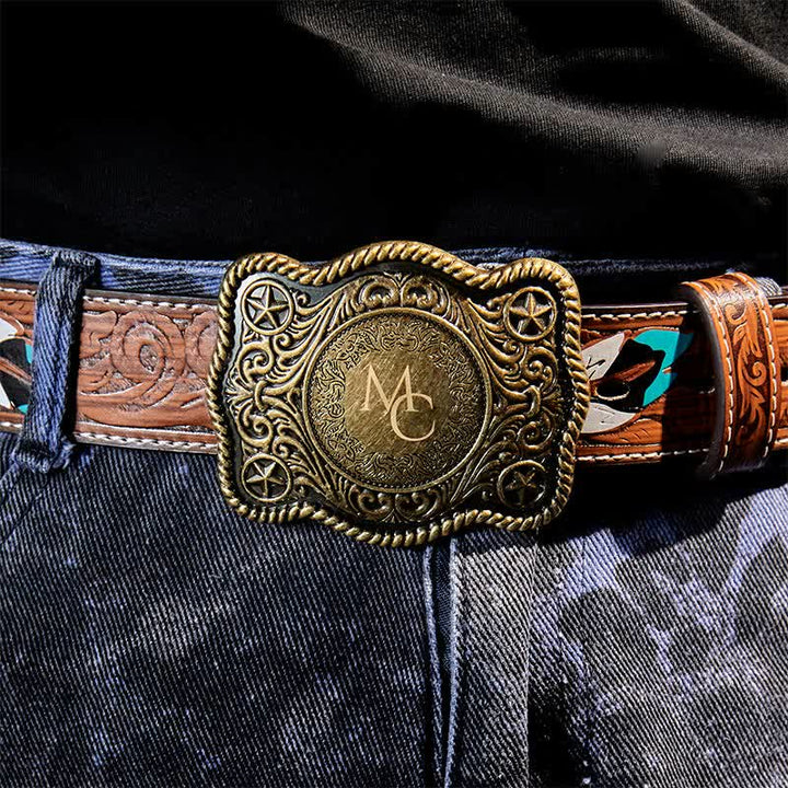 Cintura in pelle con fibbia western intagliata fai da te con monogramma personalizzato - image 1