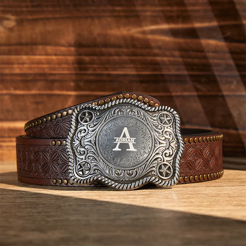 Cintura in pelle con fibbia western intagliata fai da te con monogramma personalizzato - Argento - Cintura con rivetti marroni - 42 - image 17
