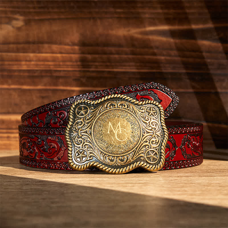 Cintura in pelle con fibbia western intagliata fai da te con monogramma personalizzato - Bronzo - Cintura marrone intagliata - 42 - image 9
