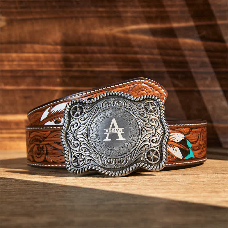 Cintura in pelle con fibbia western intagliata fai da te con monogramma personalizzato - Argento - Cintura di piume marroni - 40 - image 20