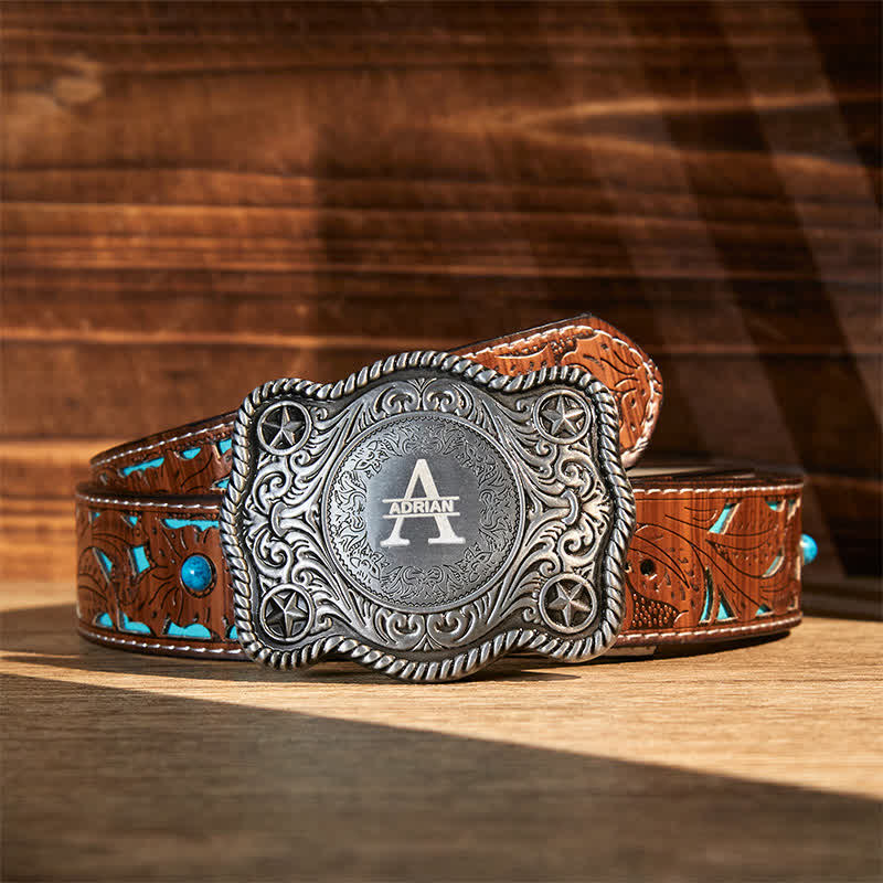 Cintura in pelle con fibbia western intagliata fai da te con monogramma personalizzato - Argento - Cintura intagliata turchese - 42 - image 16