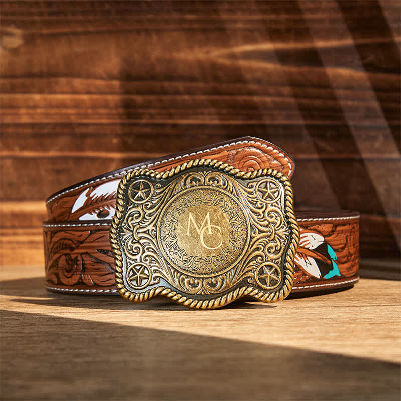 Cintura in pelle con fibbia western intagliata fai da te con monogramma personalizzato - Bronzo - Cintura di piume marroni - 40 - image 10