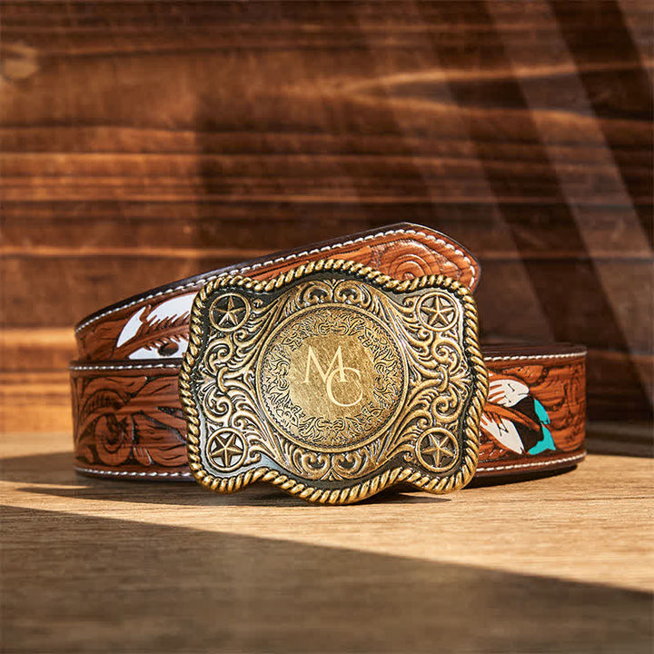 Cintura in pelle con fibbia western intagliata fai da te con monogramma personalizzato - Bronzo - Cintura di piume marroni - 40 - image 10