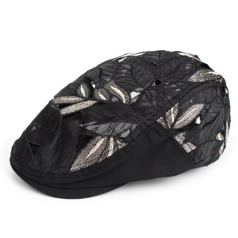 Cappello basco da donna con ricamo a foglie e rete traforata - Nero - Regolabile (21 1/4"-22 1/2") - image 0