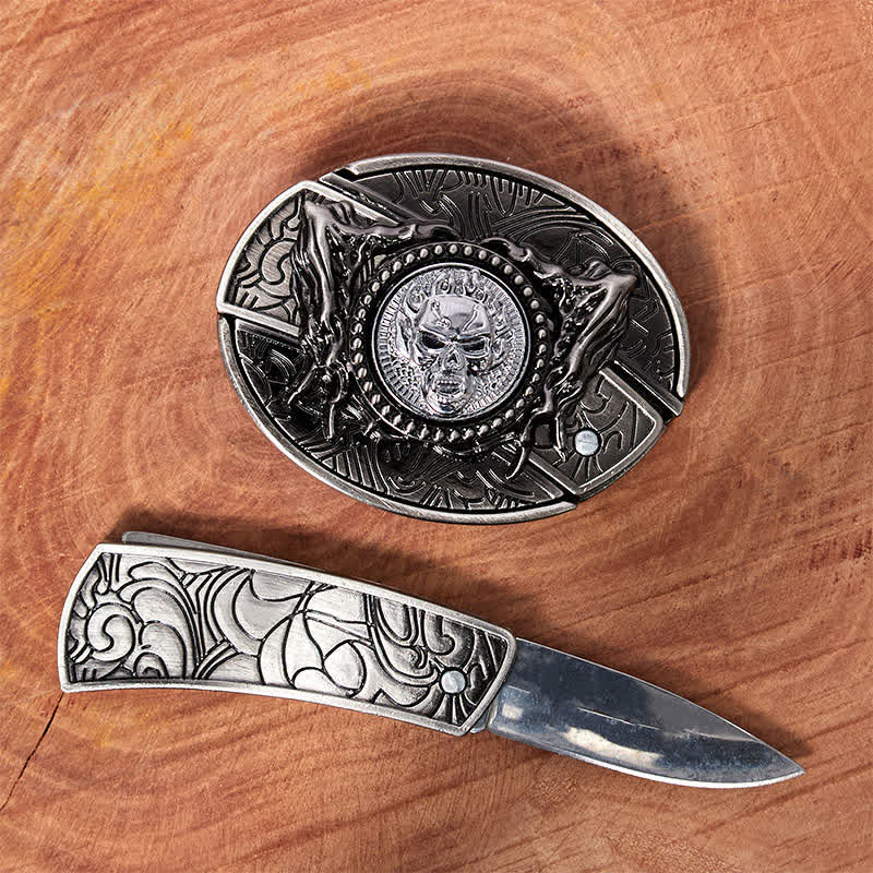 Cintura in pelle con coltello pieghevole nascosto con teschio rotante fai da te da uomo - image 1