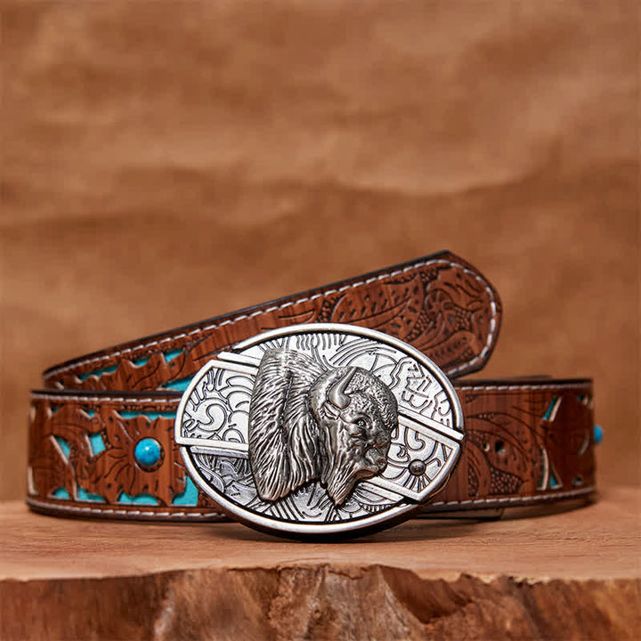 Cintura in pelle con coltello pieghevole nascosto fai da te Bison da uomo - Bisonte - Cintura intagliata turchese - 42 - image 5
