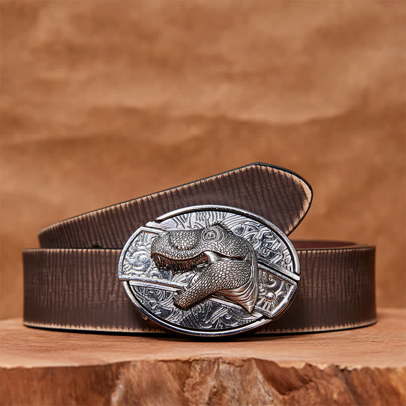 Cintura in pelle con coltello pieghevole nascosto a forma di dinosauro fai da te da uomo - Dinosauro - Cintura marrone anticata - 42 - image 8