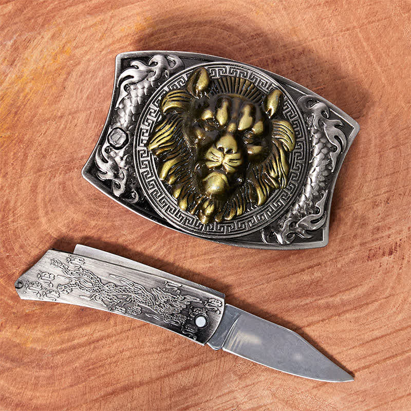 Cintura in pelle con coltello pieghevole nascosto con leone d'oro fai da te da uomo - image 1