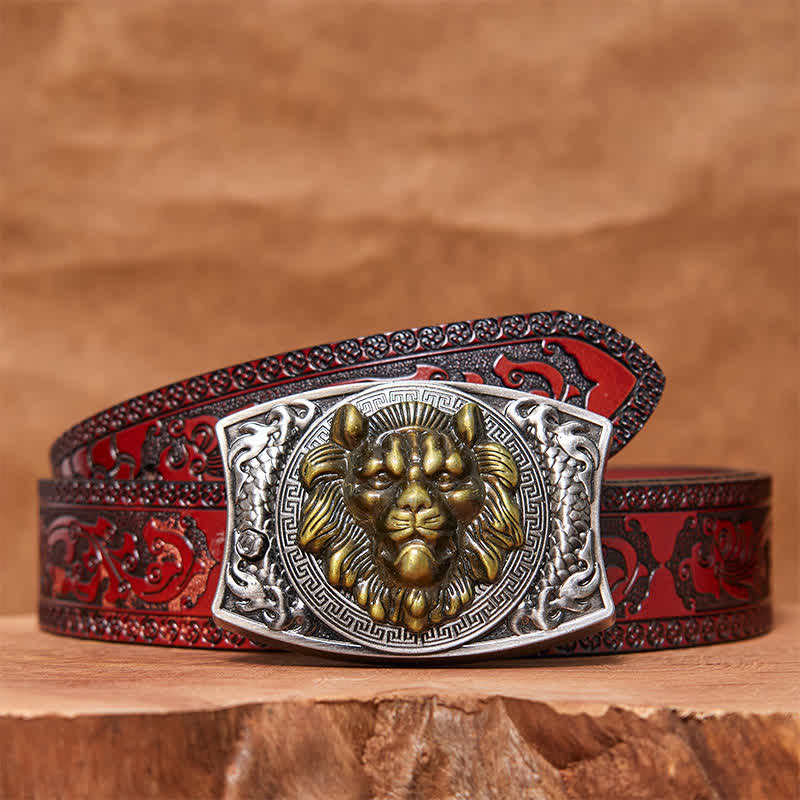 Cintura in pelle con coltello pieghevole nascosto con leone d'oro fai da te da uomo - Leone - Cintura marrone intagliata - 42 - image 5