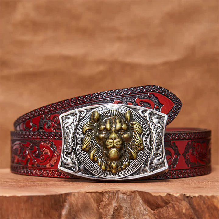 Cintura in pelle con coltello pieghevole nascosto con leone d'oro fai da te da uomo - Leone - Cintura marrone intagliata - 42 - image 5