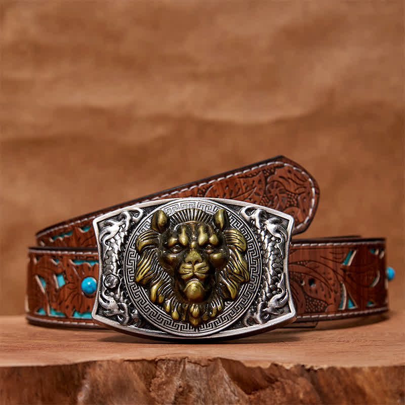Cintura in pelle con coltello pieghevole nascosto con leone d'oro fai da te da uomo - Leone - Cintura intagliata turchese - 42 - image 6