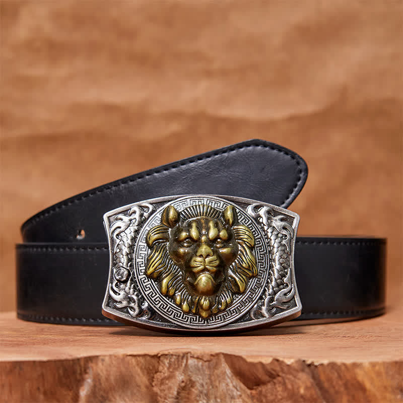 Cintura in pelle con coltello pieghevole nascosto con leone d'oro fai da te da uomo - Leone - Cintura in PU nera - 42 - image 3