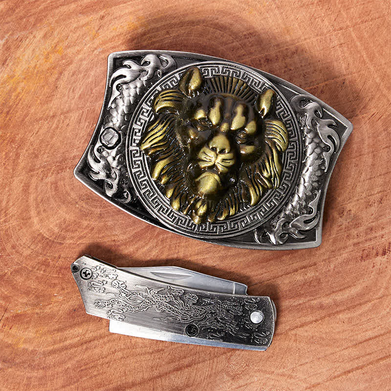 Cintura in pelle con coltello pieghevole nascosto con leone d'oro fai da te da uomo - image 2