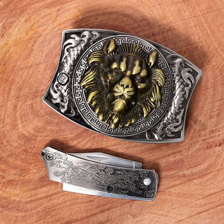 Cintura in pelle con coltello pieghevole nascosto con leone d'oro fai da te da uomo - image 2