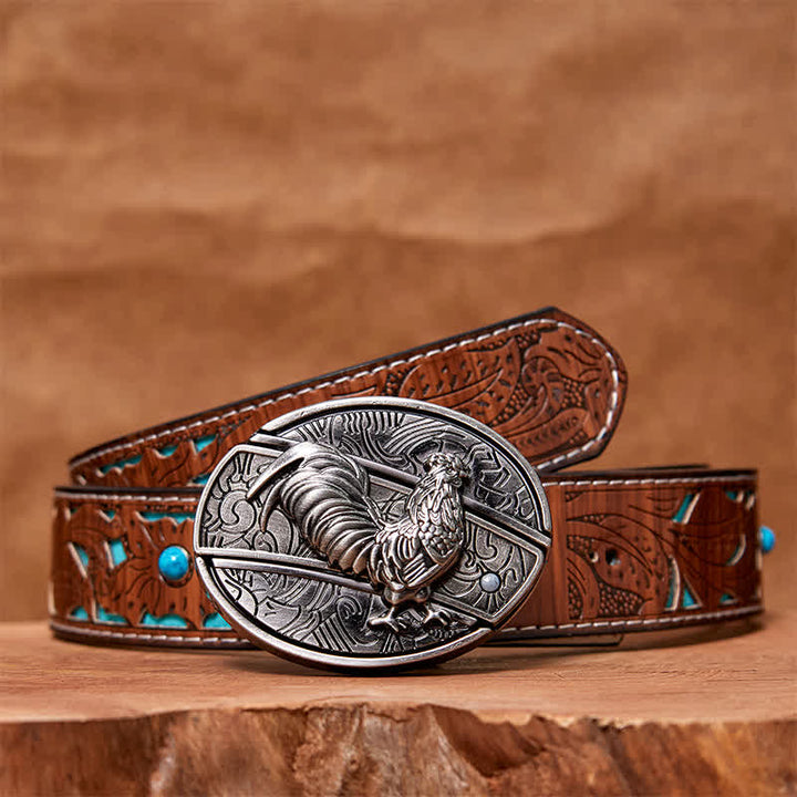 Cintura in pelle con coltello pieghevole nascosto fai da te a forma di gallo da uomo - Gallo - Cintura intagliata turchese - 42 - image 5
