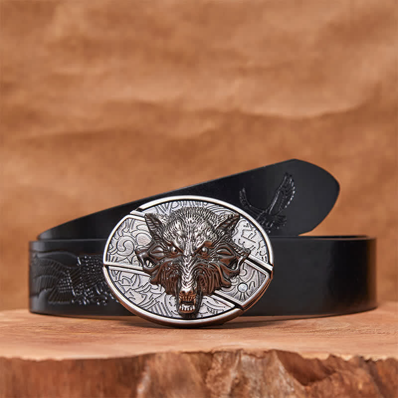 Cintura in pelle con coltello pieghevole nascosto a forma di testa di lupo fai da te da uomo - Testa di lupo - Cintura con aquila in rilievo nera - 42 - image 6