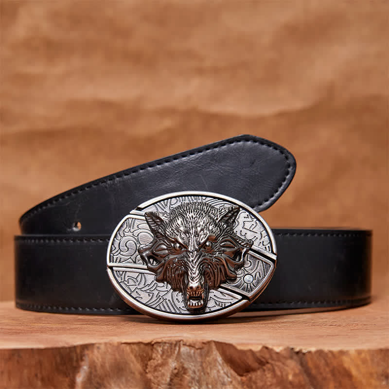 Cintura in pelle con coltello pieghevole nascosto a forma di testa di lupo fai da te da uomo - Testa di lupo - Cintura in PU nera (40) - 42 - image 4