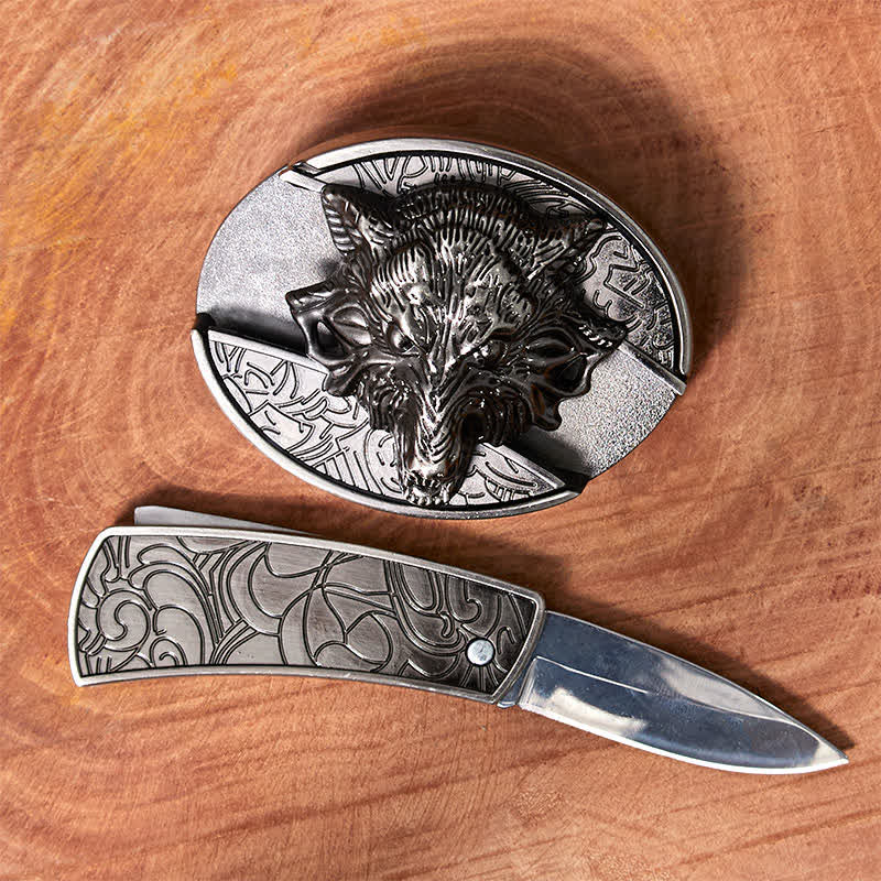 Cintura in pelle con coltello pieghevole nascosto a forma di testa di lupo fai da te da uomo - image 1