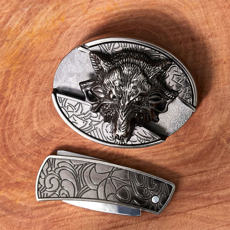 Cintura in pelle con coltello pieghevole nascosto a forma di testa di lupo fai da te da uomo - image 3