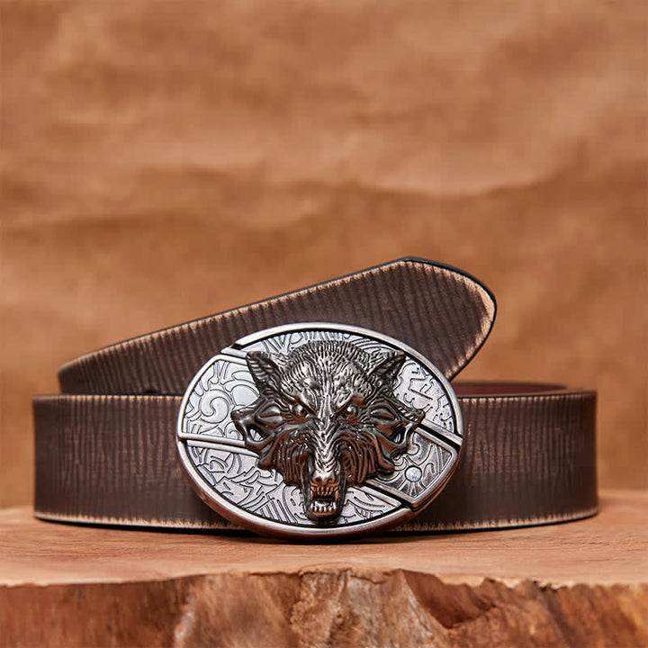 Cintura in pelle con coltello pieghevole nascosto a forma di testa di lupo fai da te da uomo - Testa di lupo - Cintura marrone anticata - 42 - image 8