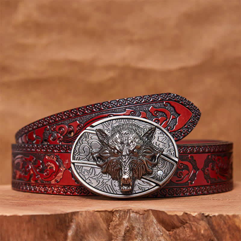 Cintura in pelle con coltello pieghevole nascosto a forma di testa di lupo fai da te da uomo - Testa di lupo - Cintura intagliata marrone (40) - 42 - image 5