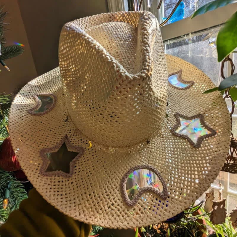 Cappello di paglia da cowgirl con prisma arcobaleno e acchiappasole celeste