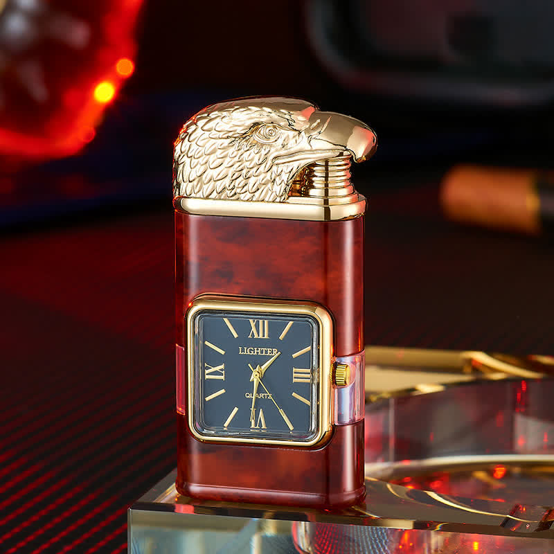 Accendino a butano ricaricabile a doppia fiamma con design a testa d'aquila e orologio - Modello in legno rosso - image 8